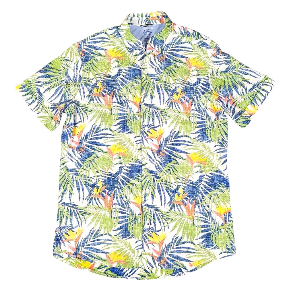 Izod Dockside Chambray Short Sleeve Button Down Shirt Mens S Tropical Hawaiian